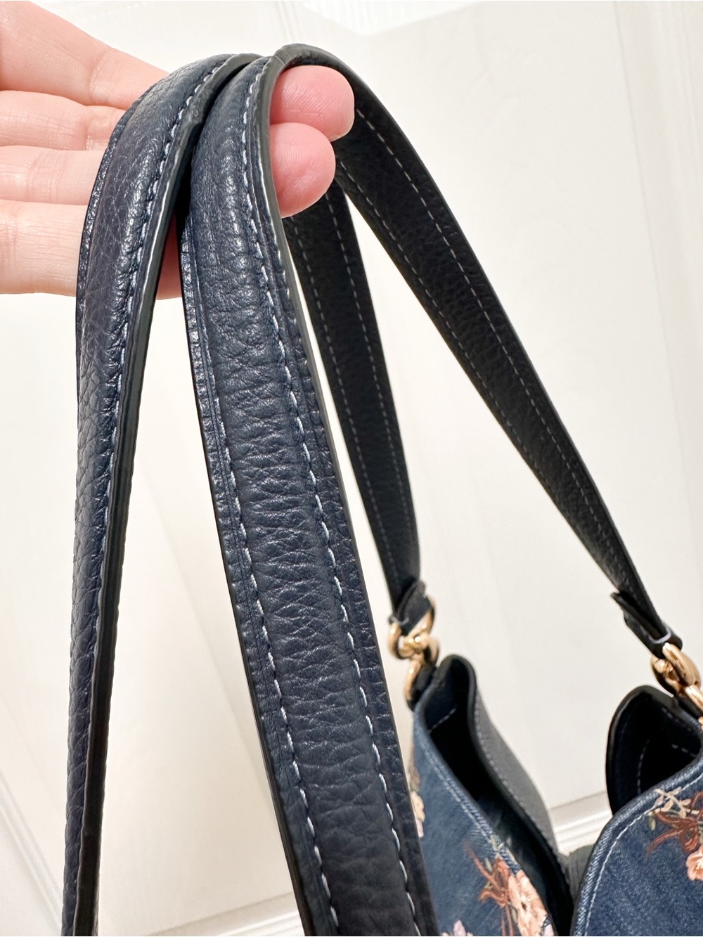 Coach Hallie Shoulder Bag Floral Bouquet Denim Print Navy Leather - Picture 6 of 15